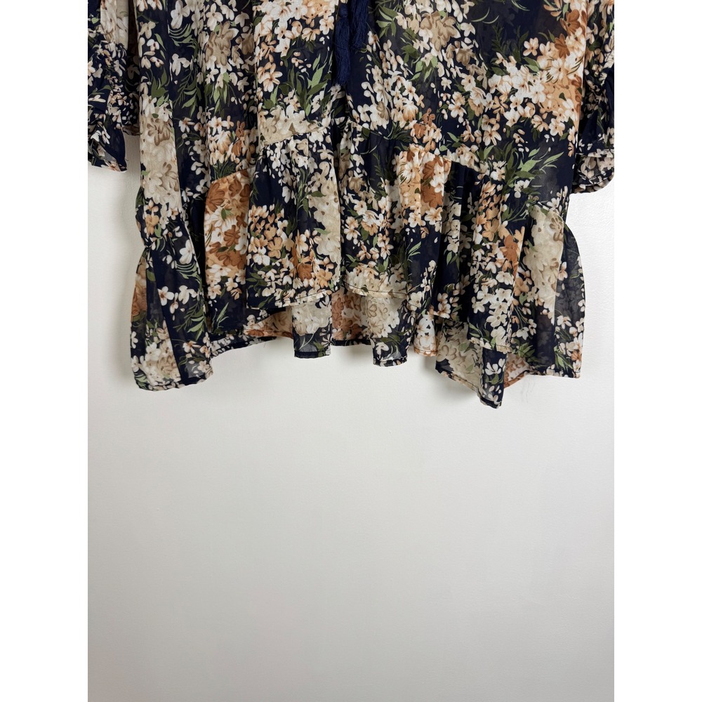 Boho Umgee Womens L Blouse Navy Floral Ruffle Peplum Tassel Chiffon C2536 - Picture 9 of 9